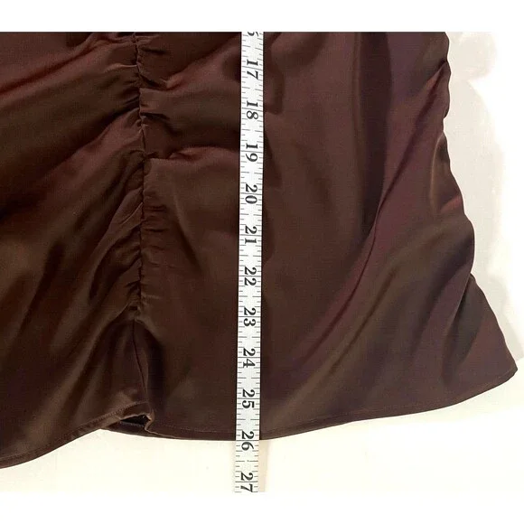 HM Satin Cinched Blouse Women's Medium Brown Trumpet Sleeves V-Neck Pullover - Picture 11 of 11